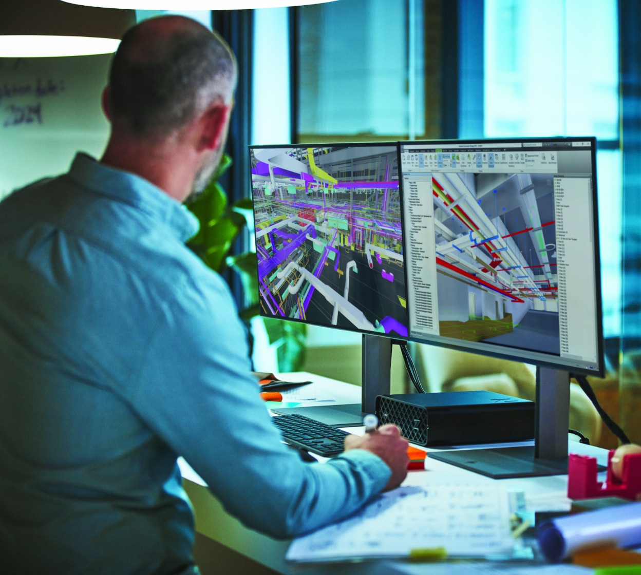 Man using graphics-intensive software at desktop workstation