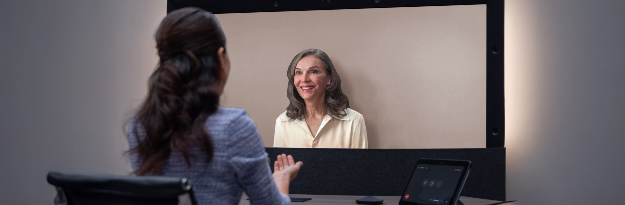 Woman on a video conferencing call using Google Beam