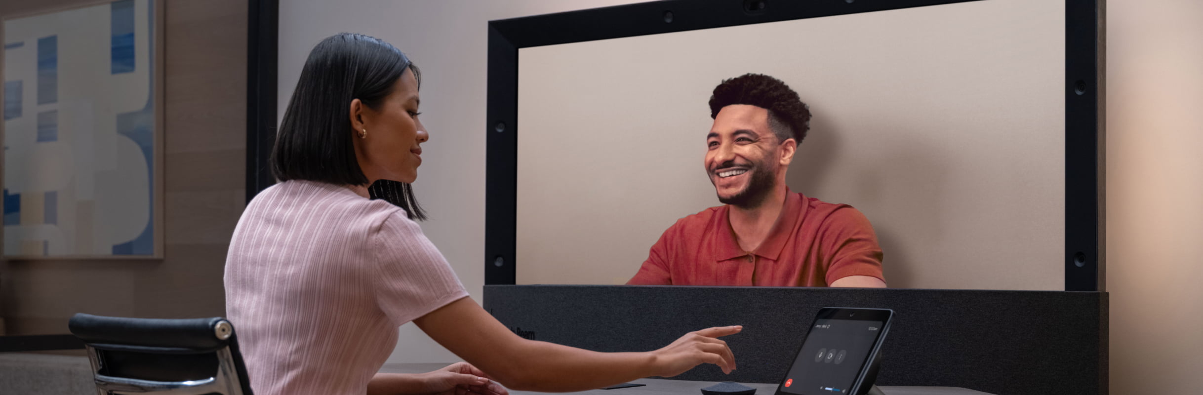 Woman on a video conferencing call using Google Beam