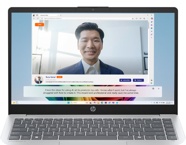 An HP OmniBook 3 Next Gen AI PC with Live Captions on the screen