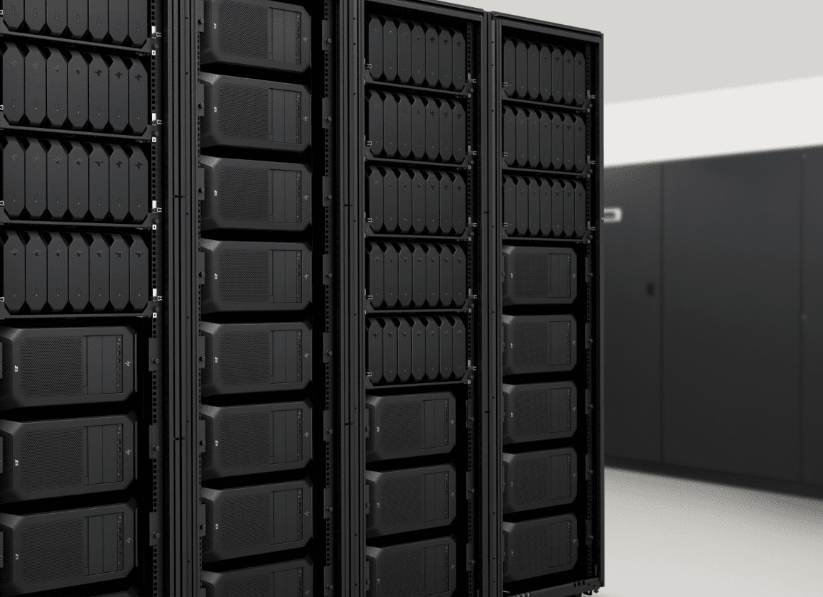 A server room with organized rows of high-performance HP Z workstation computers.