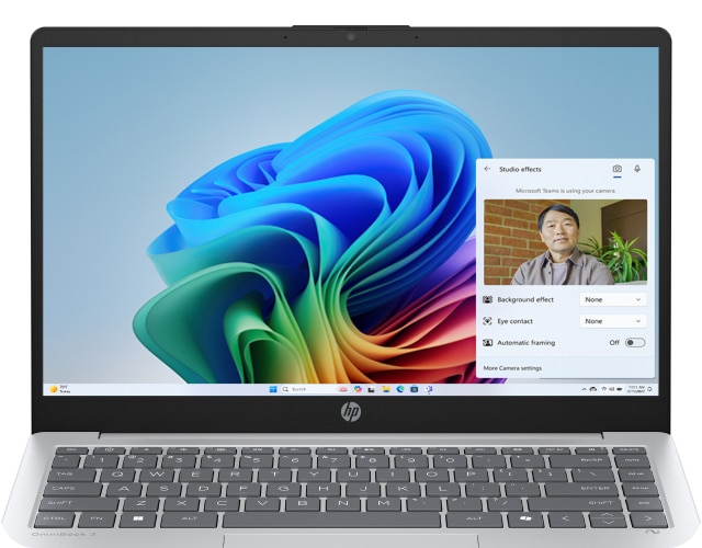 An HP OmniBook 3 Next Gen AI PC with Windows Studio Effects on the screen