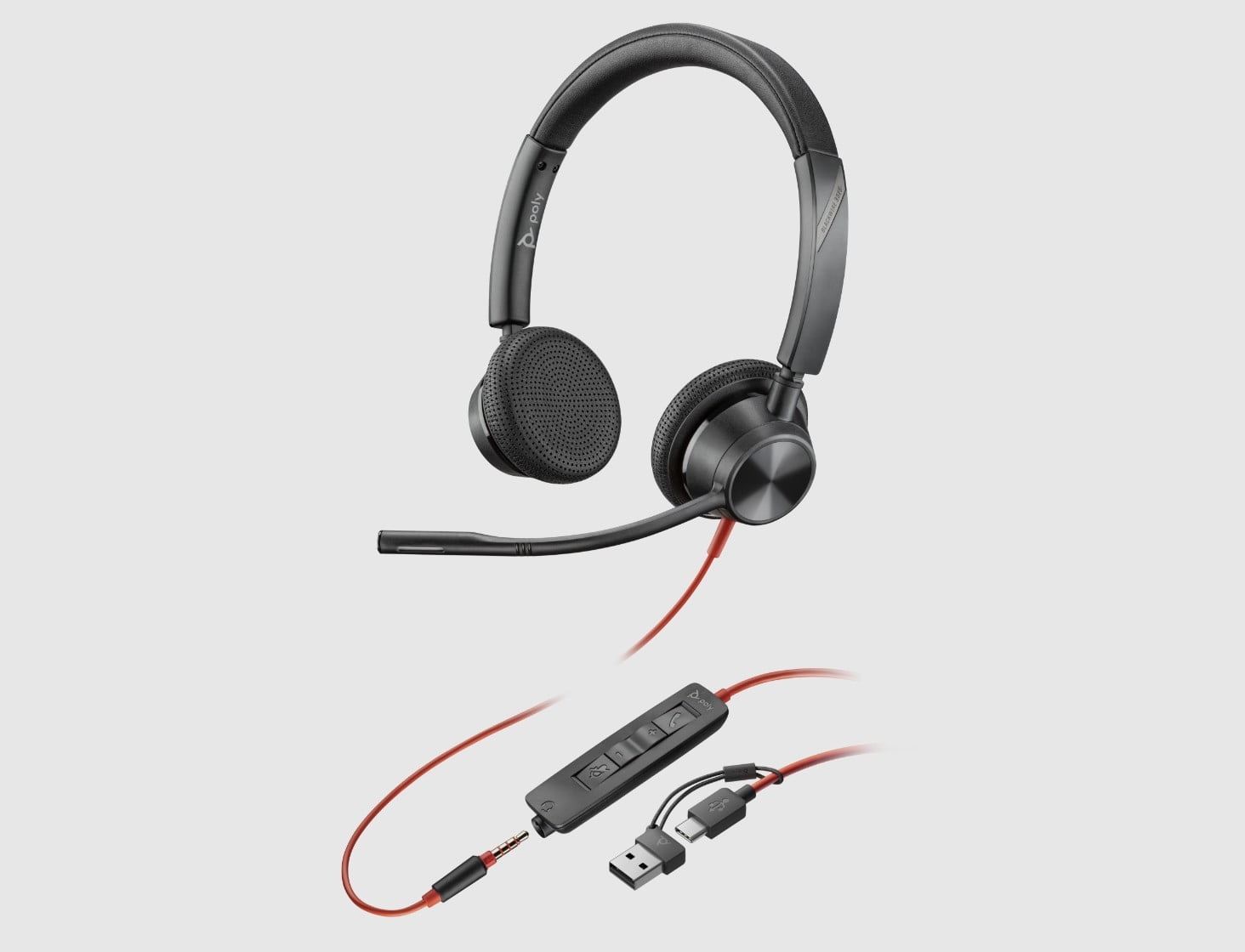 Poly Blackwire 3325 Microsoft Teams certified USB-C headset showing inline controls and 3.5mm connector