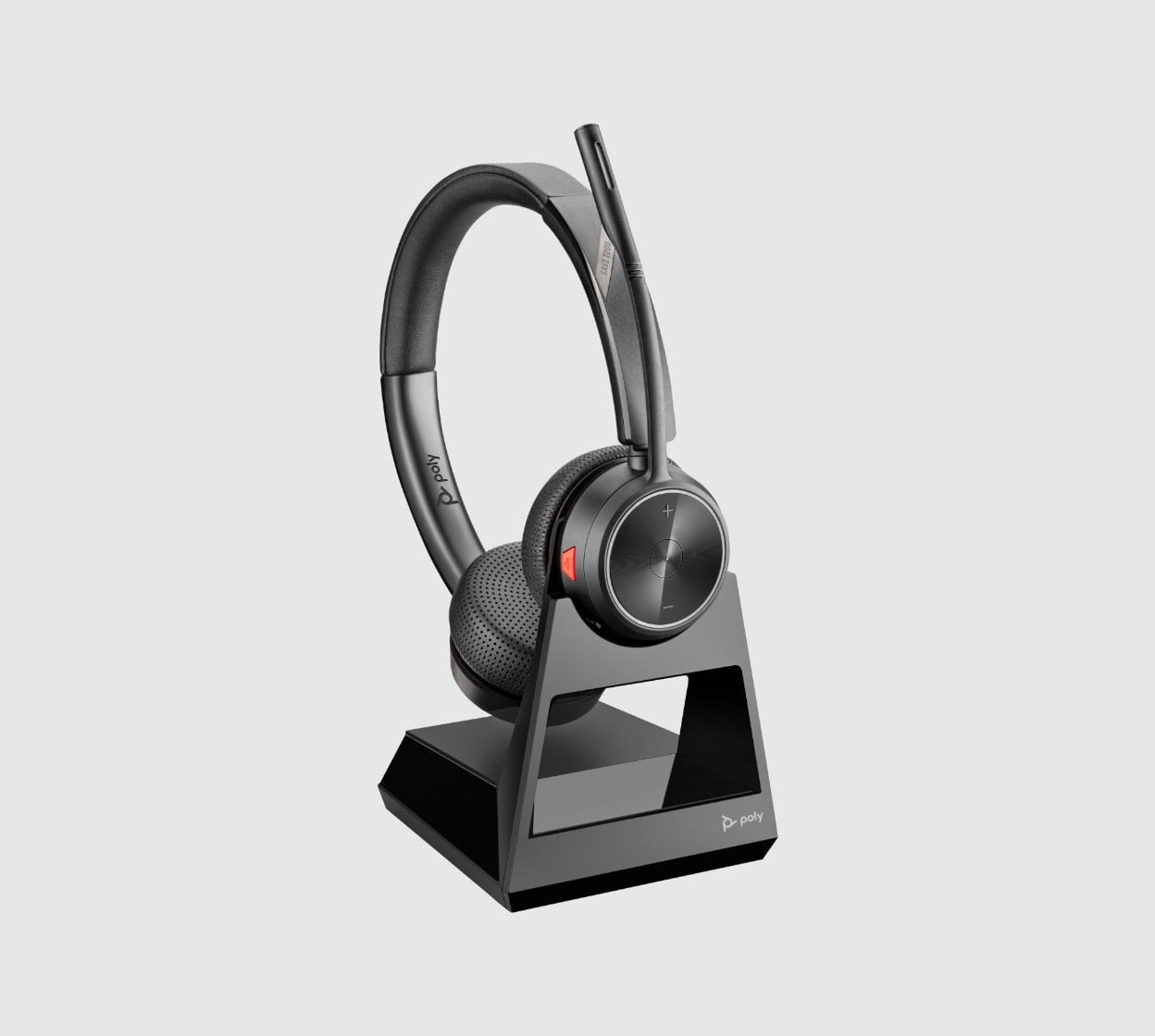 Poly Savi 7220 Office series DECT wireless headset shown on base stand