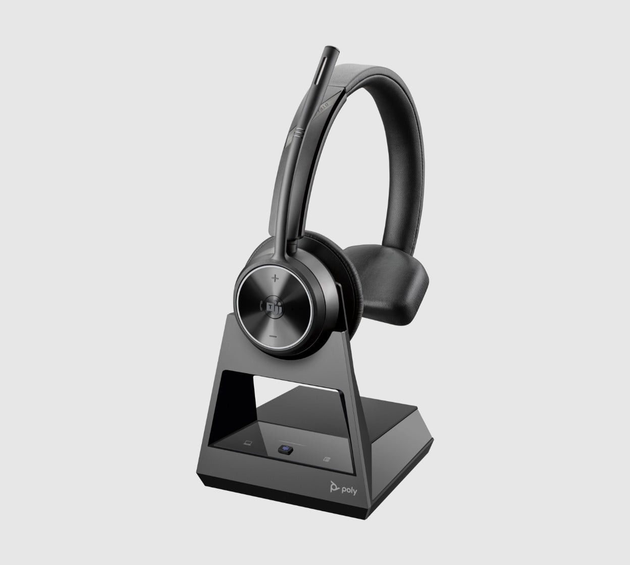Poly Savi 7320 Office series DECT wireless headset shown on base stand