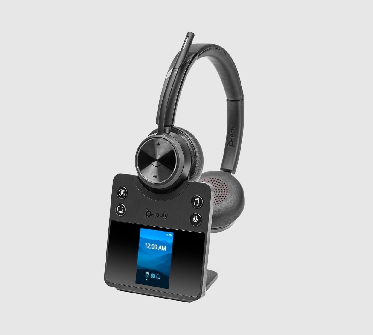 Poly Savi 7420 Office series DECT wireless headset shown on base stand with color display for multi device connectivity