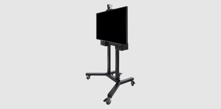 Poly Educart 2 mobile video conferencing system of camera, microphone, speakers, and steel cart on casters, shown with a sample monitor in place