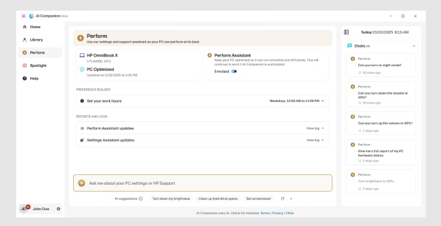 Perform assistant laptop screen for HP AI Companion software
