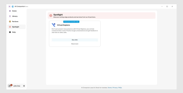 Spotlight productivity feature screen for HP AI Companion software
