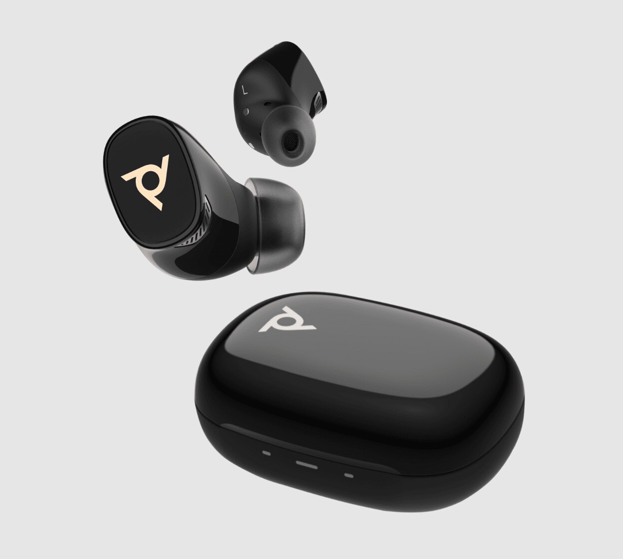 Black Poly Voyager Free 20 wireless earbuds shown with charging case