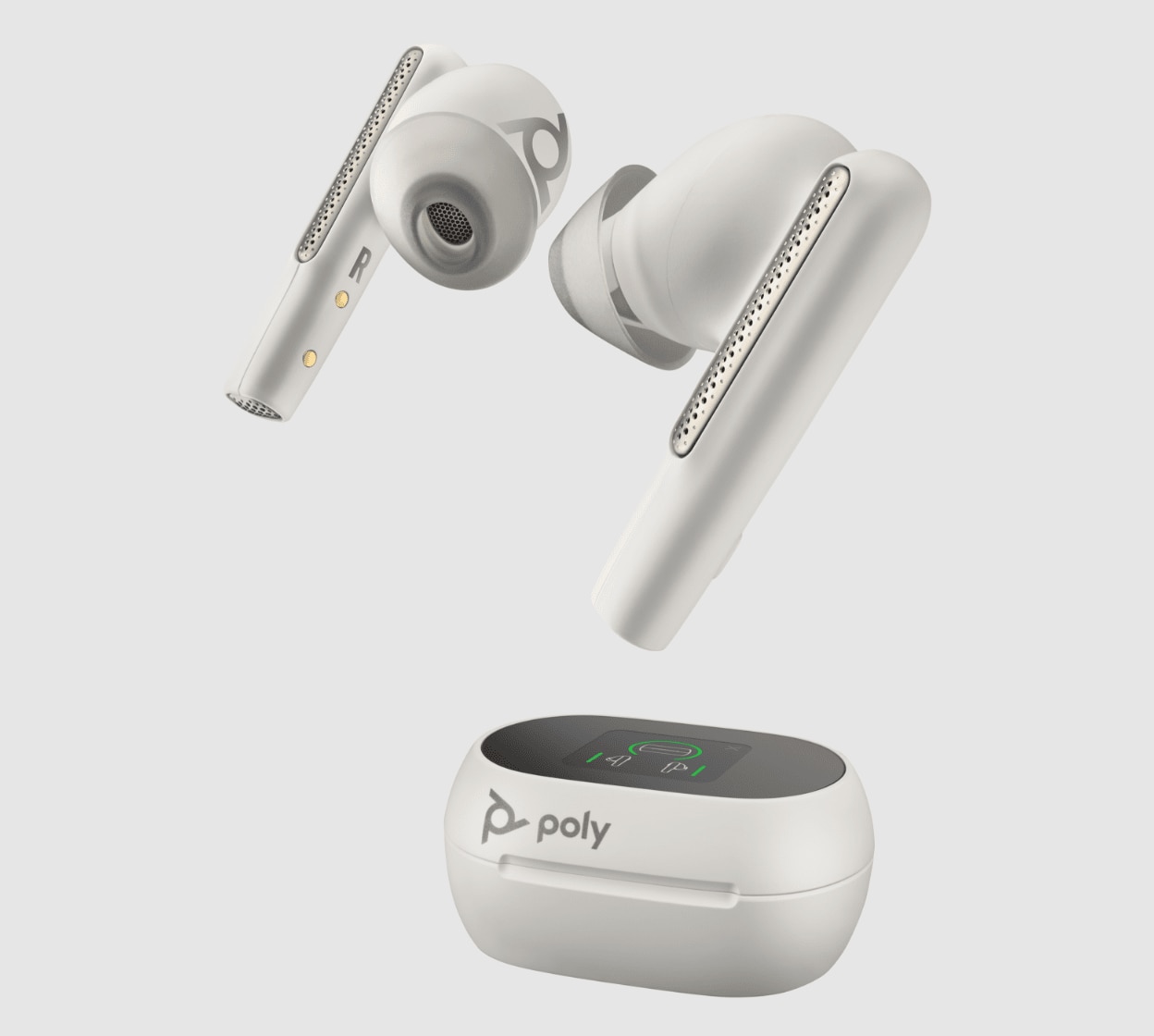 White Poly Voyager Free 60+ UC wireless earbuds shown with touchscreen charging case