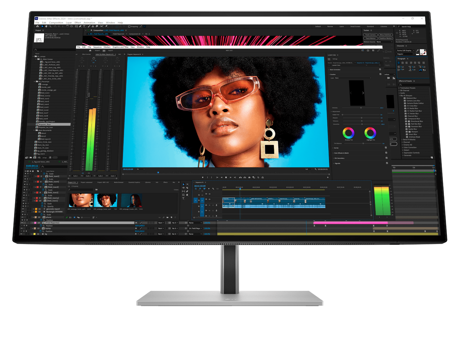 HP monitor display with video editing software interface.