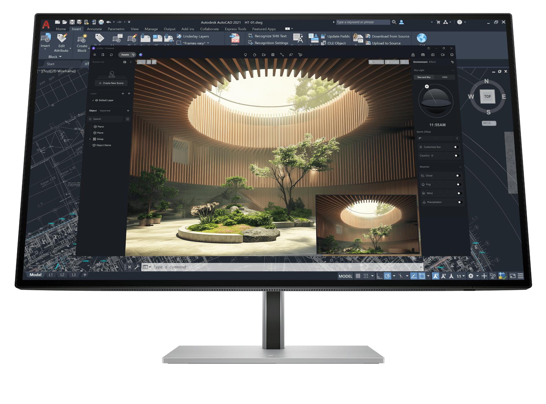 HP monitor display with 3D CAD software interface.