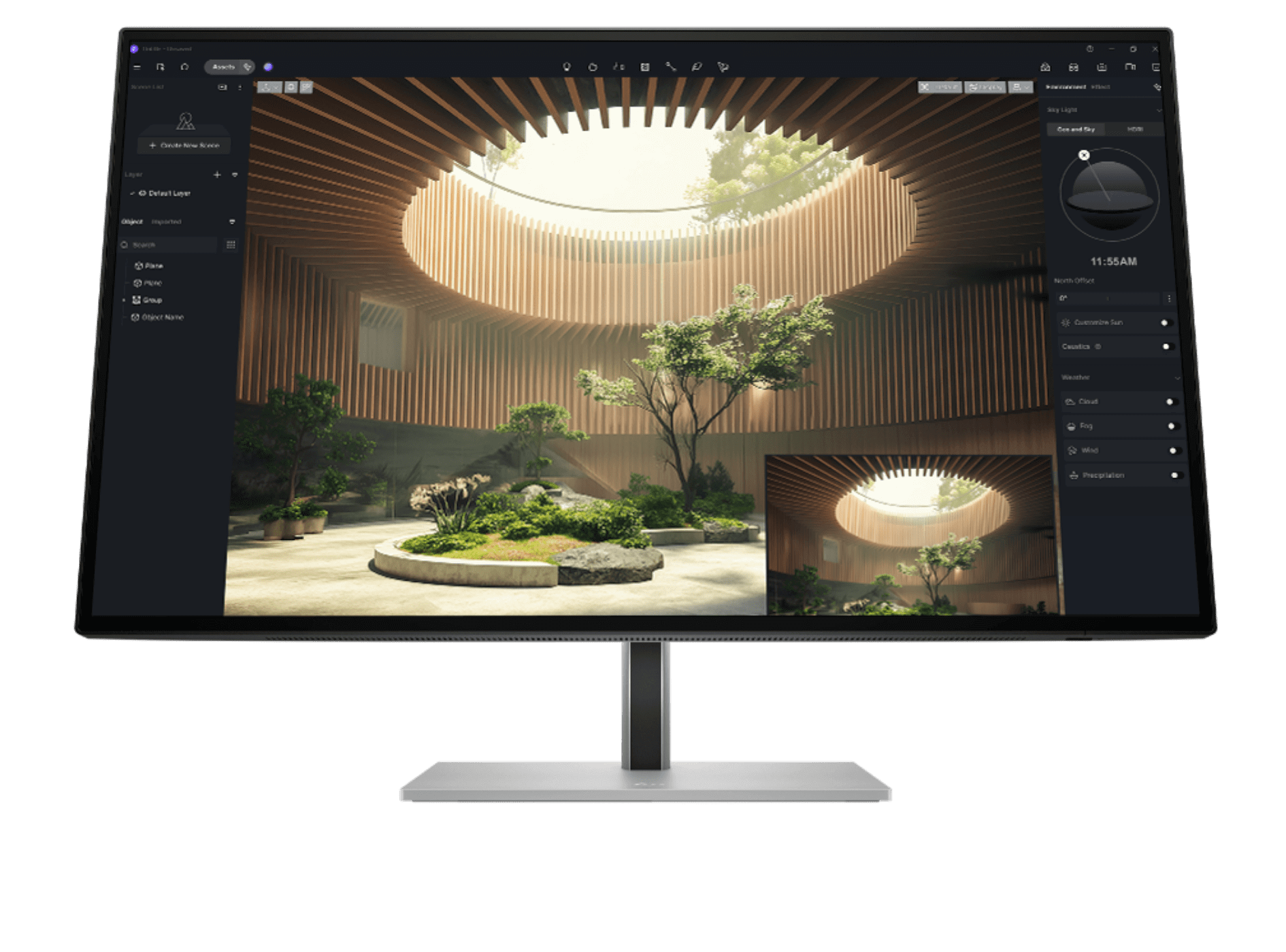 HP monitor with 3D modeling software interface on the screen.