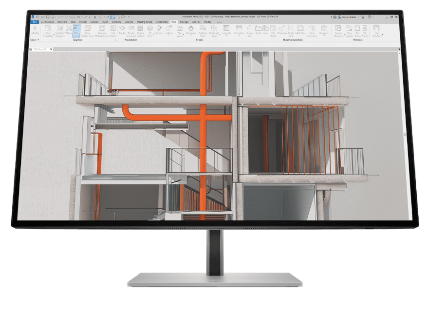 HP monitor with building information modeling software interface on the screen.