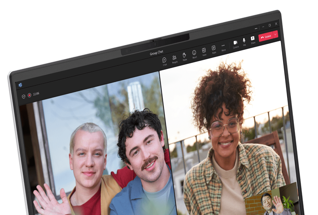 HP OmniBook 5 showing a 5MP camera with privacy shutter and video call with three people onscreen