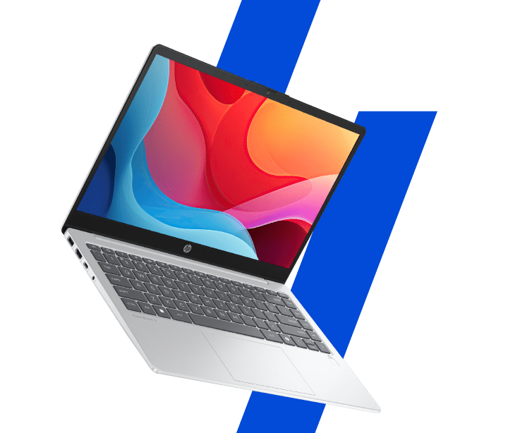 An HP OmniBook 3 Laptop showing a colorful screen