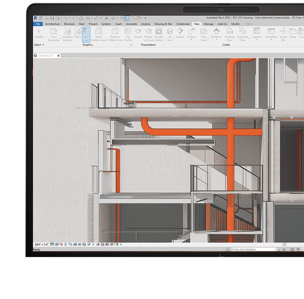 ZBook Fury mobile workstation PC with building information modeling software interface on the screen.