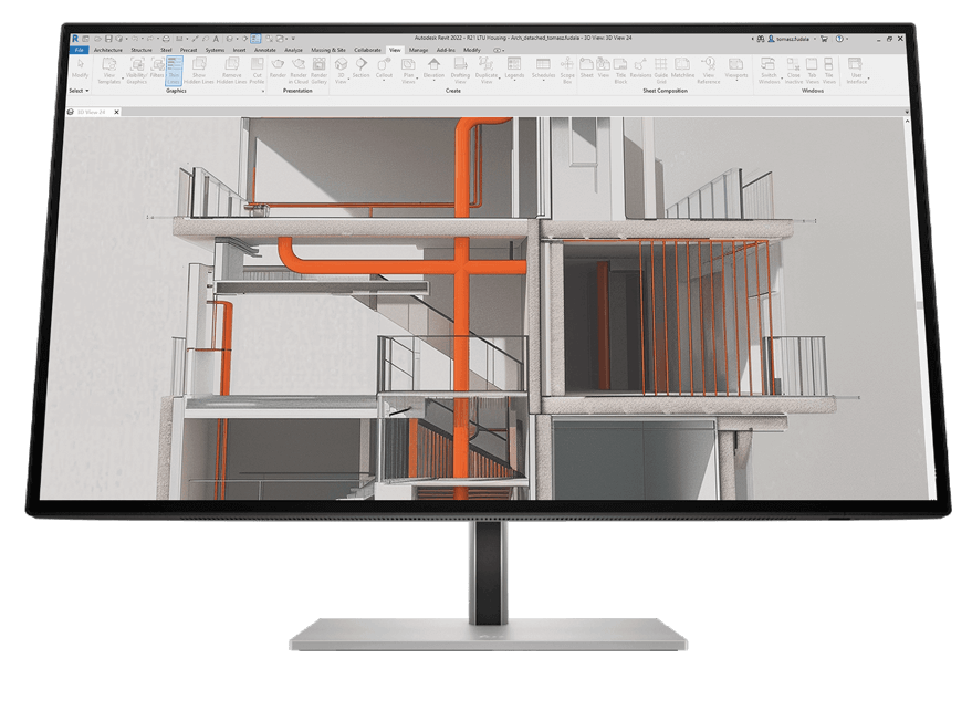 HP monitor with building information modeling software interface on the screen.