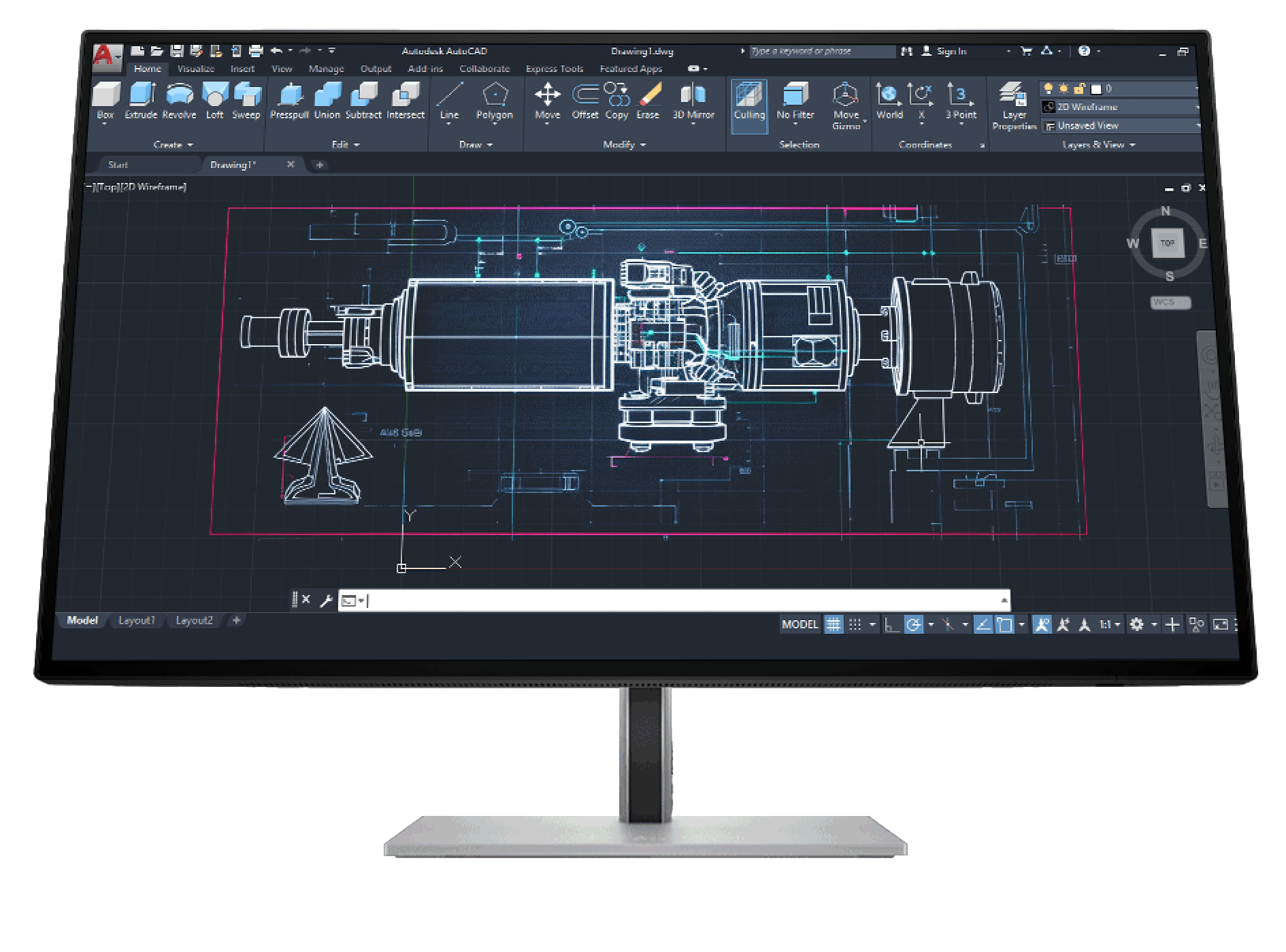 HP monitor with 3D CAD software interface on the screen.