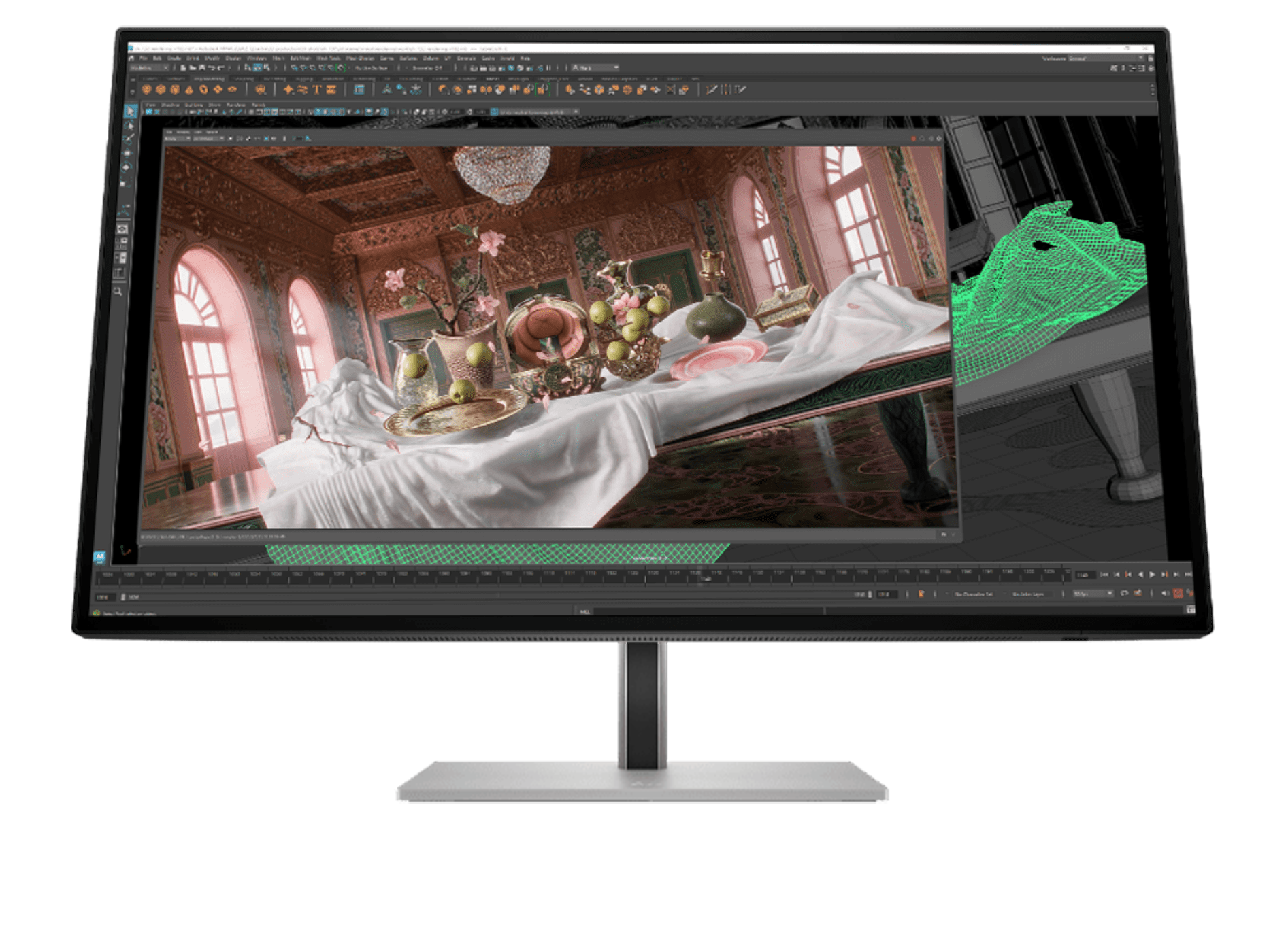 Hp monitor with 3D computer graphics software interface on the screen.