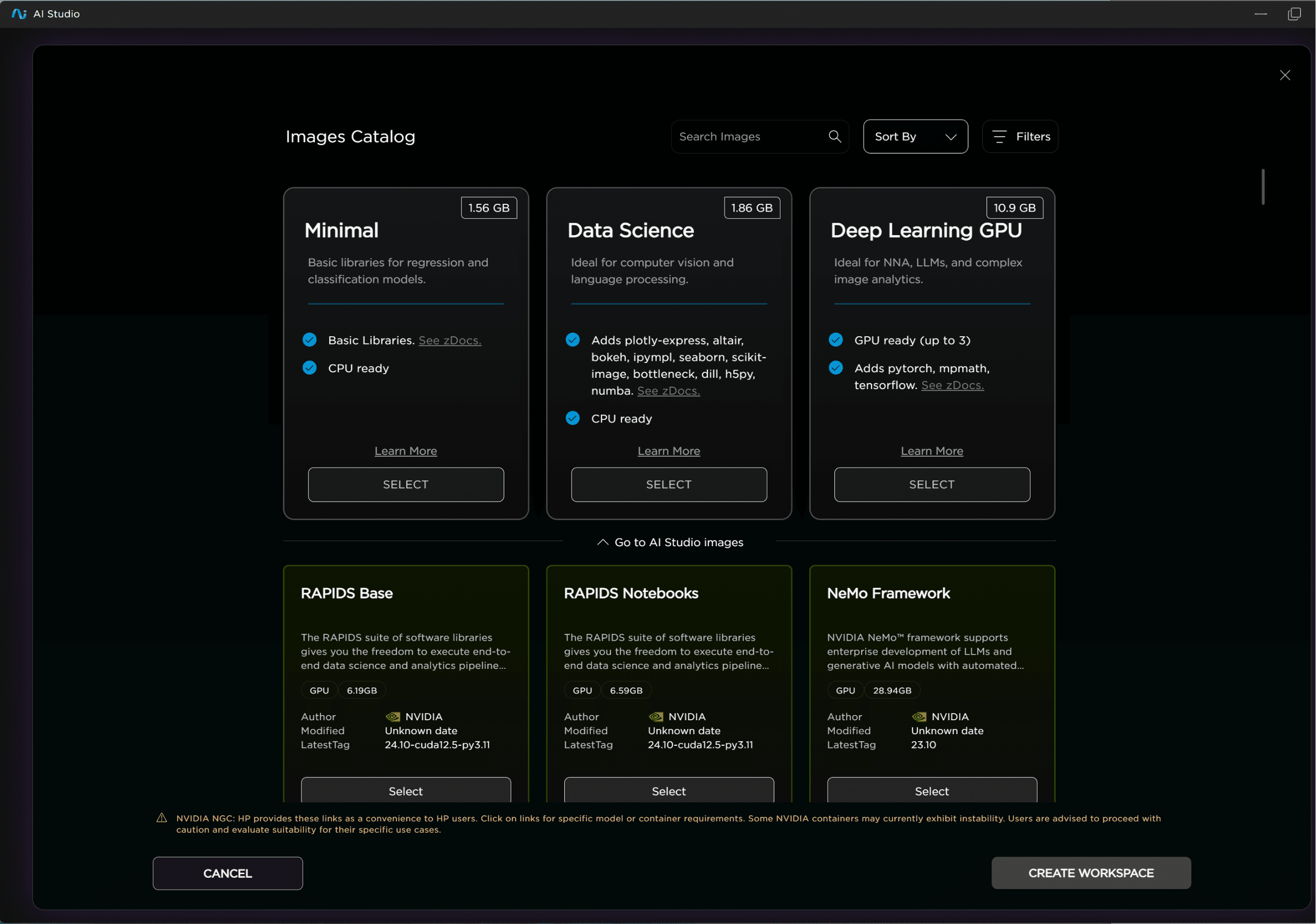 HP AI Studio platform – Images catalog