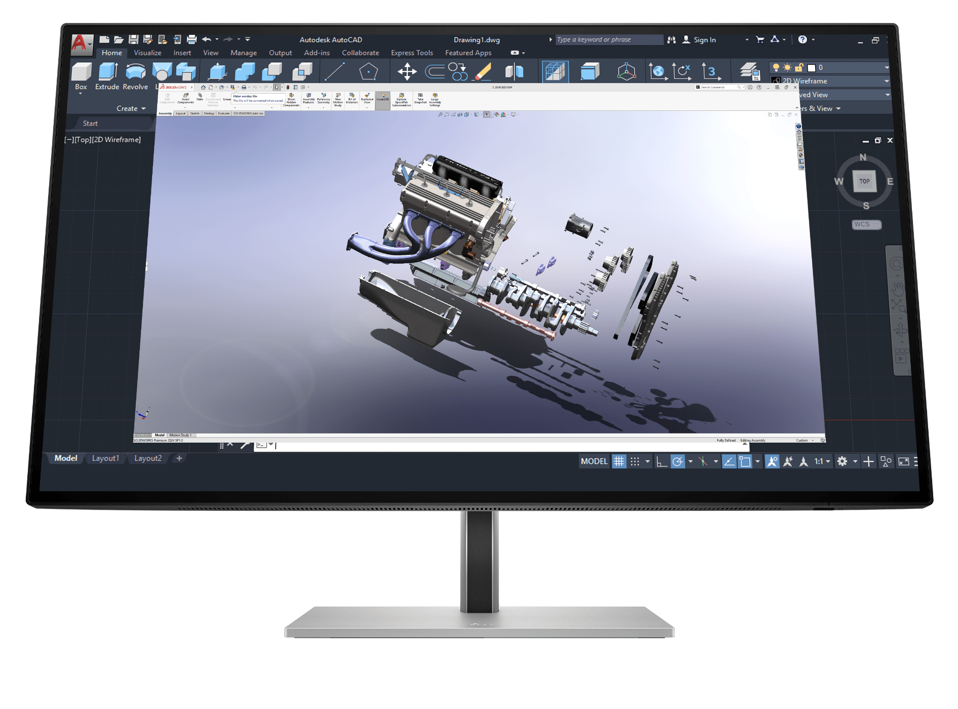 HP monitor display with 3D CAD software interface.