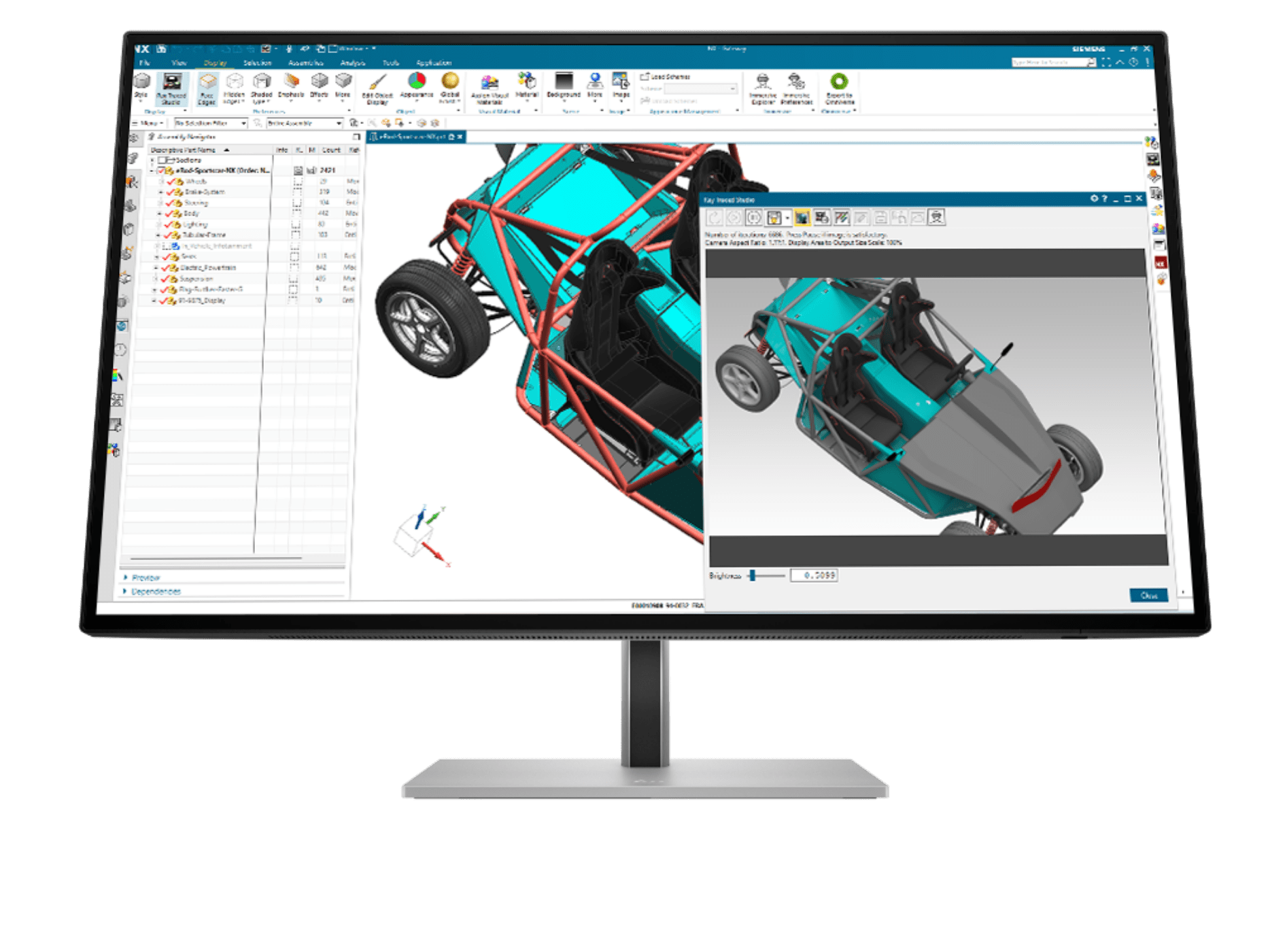 HP monitor with 3D CAD software interface on the screen.